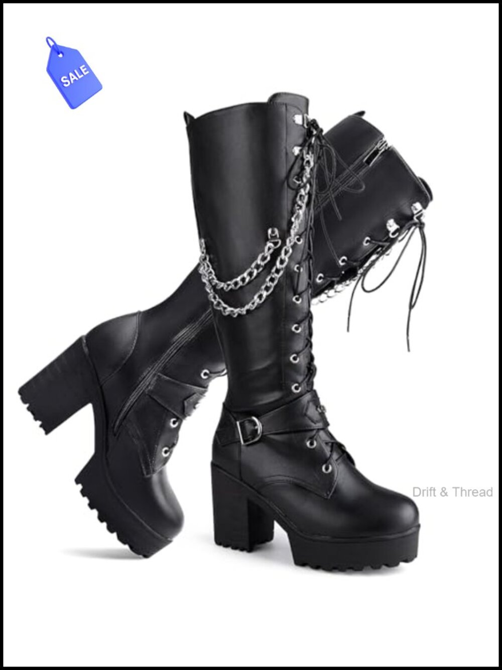 Women's Knee High Combat Boots Faux Leather Platform Heels Lace Up